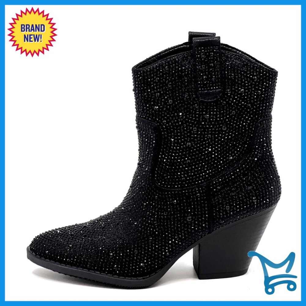 Rhinestone Block Heel Ankle Boots Size 7, 2-Inch Heel, Natural Fur